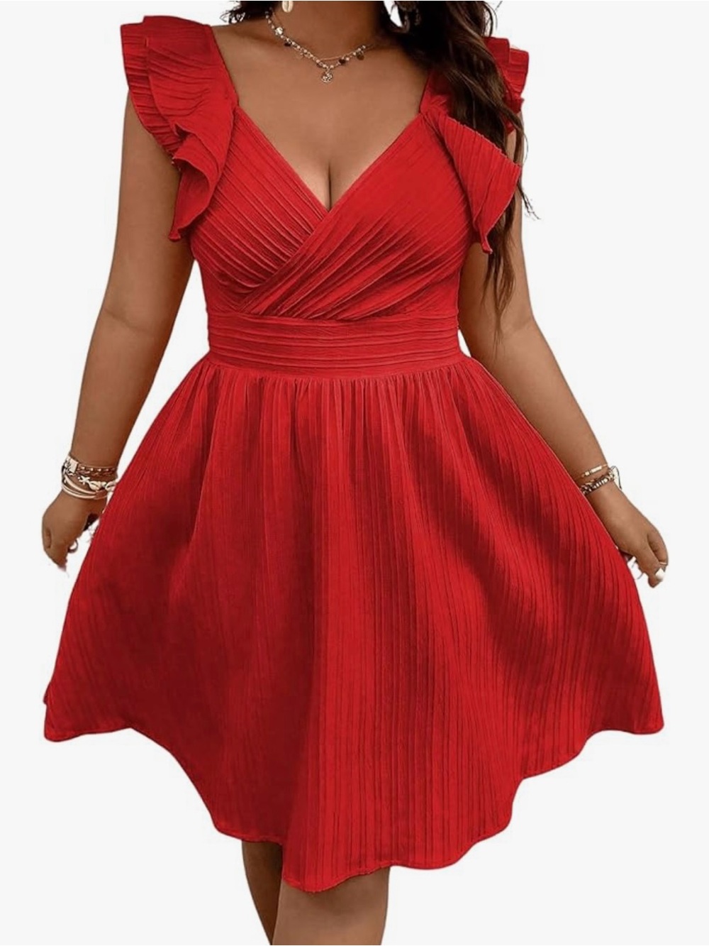 Red V-Neck Ruffle Sleeve Pleated Dress